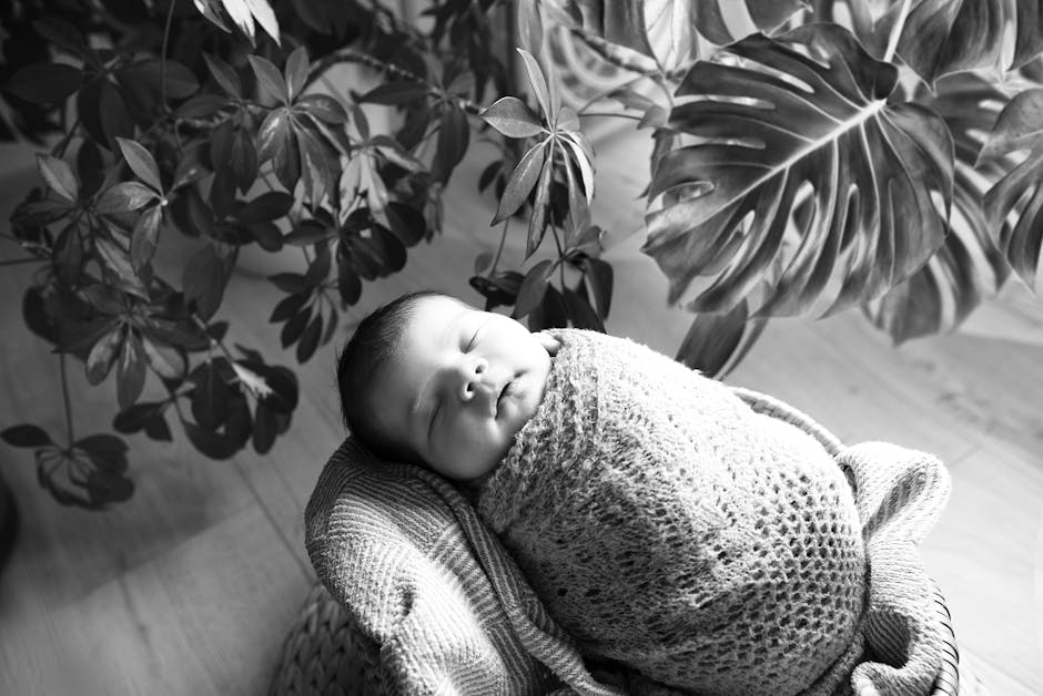 Peaceful black and white portrait of a sleeping baby nestled in blankets near lush green plants.