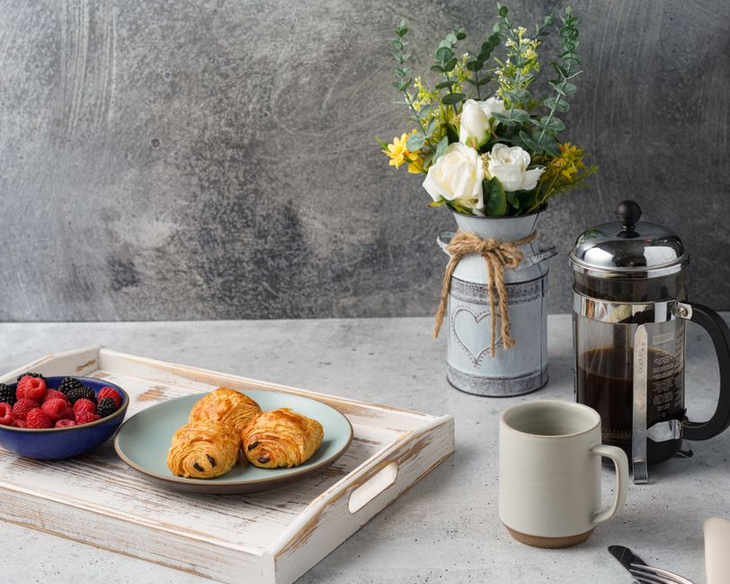 Breakfast tray with flowers and tea