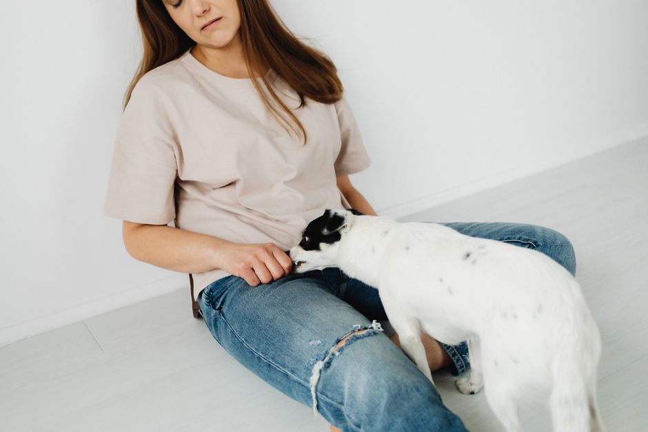 A woman in casual attire sits indoors with her small dog in a minimalist setting.