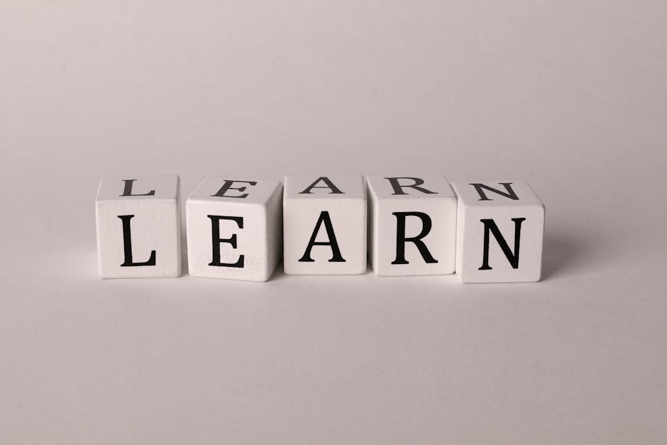 Close-up of 'LEARN' spelled out with white letter blocks on a neutral background.
