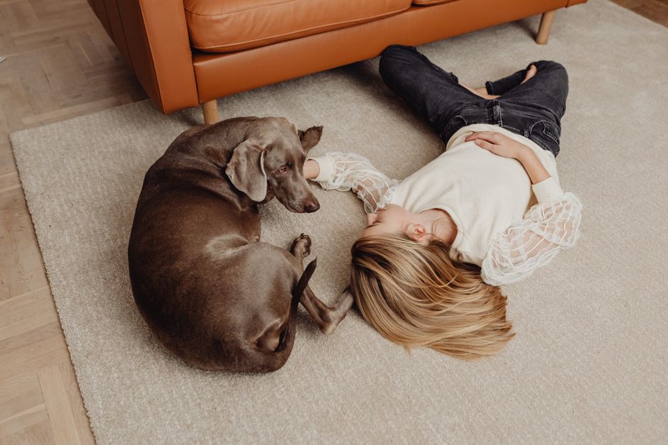Woman relaxing with her Weimaraner dog on a carpeted floor, showing warmth and companionship.