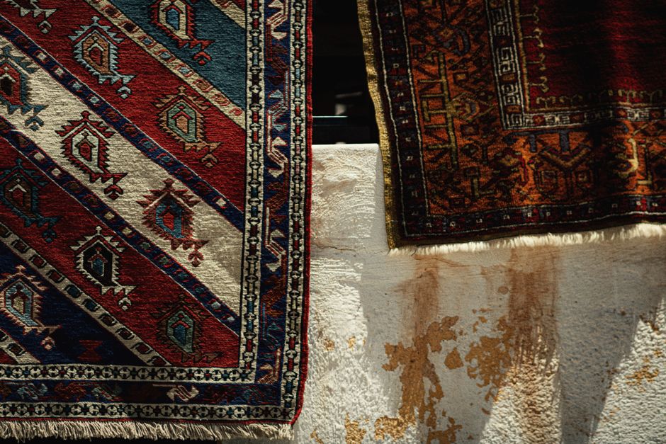 Close-up of traditional rugs with intricate patterns displayed outdoors on a wall