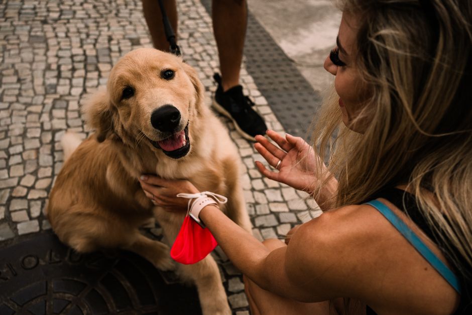 A joyful Golden Retriever being affectionately pet by a woman in Rio de Janeiro's vibrant street.